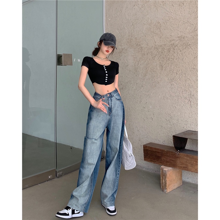 QKOOLE Quần jeans dài  lưng cao ống rộng thời trang Hàn Quốc dành cho nữ