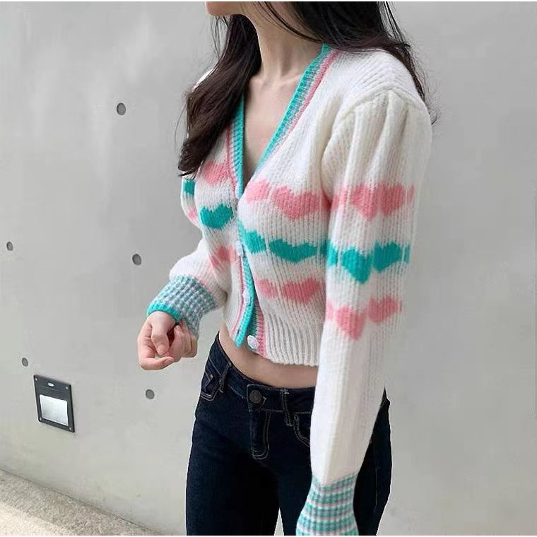 Áo Khoác Cardigan Dệt Kim Tay Dài Cổ Chữ V Họa Tiết Trái Tim Xinh Xắn Cho Nữ