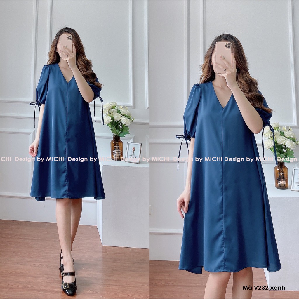 Váy thiết kế, dáng suông cổ V, tay nơ, đầm dáng xuông rộng, freesize 3 màu Xanh - Nâu - Đỏ, mã V232 - Michi's House | BigBuy360 - bigbuy360.vn