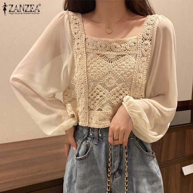Zanzea Áo Croptop Cổ Vuông Tay Phồng Phong Cách Hàn Quốc Ngọt Ngào Cho Nữ