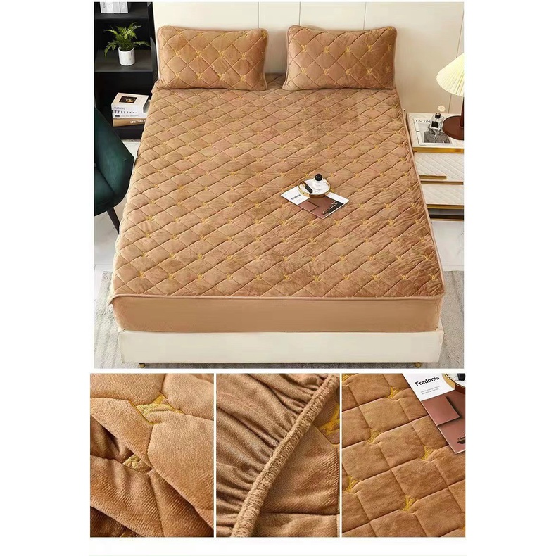 Bộ ga gối nỉ nhung trần bông cao cấp chuẩn Loại 1, ga giường  bọc đệm mềm mịn dành cho 4 mùa đường trần dầy dặn
