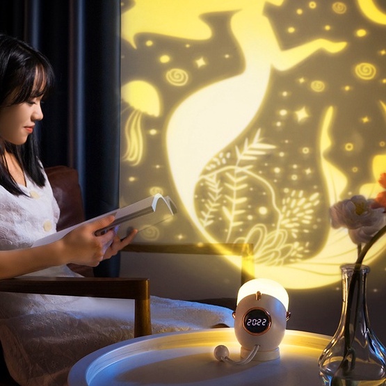 Đèn ngủ chiếu sao có đồng hồ pin sạc để bàn, đèn ngủ vũ trụ cung hoàng đạo decor trang trí phòng ngủ