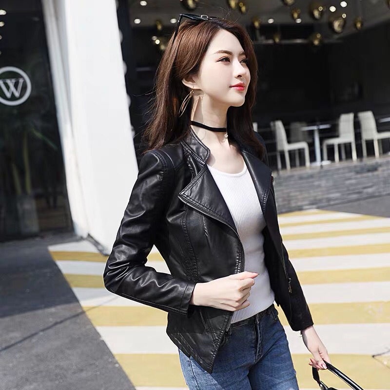 Áo khoác da cổ đứng dáng ôm thời trang Hàn Quốc sành điệu cho nữ