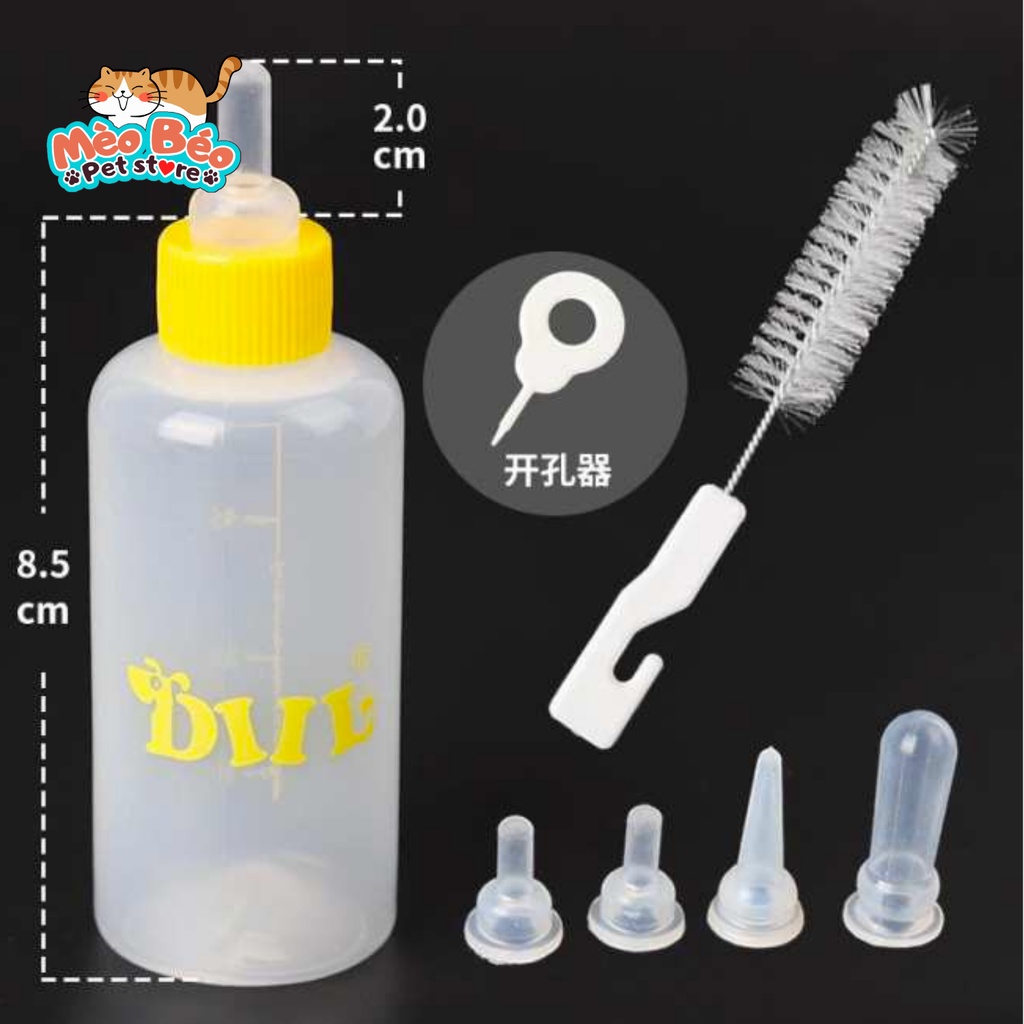 Bình sữa 5 đầu ti cho chó mèo con - nhựa PP an toàn 60ml, 150ml