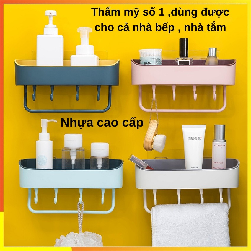 Kệ Nhựa Dán Tường  Có 4 Móc Treo Tiện Dụng Cho Phòng Tắm, Phòng bếp