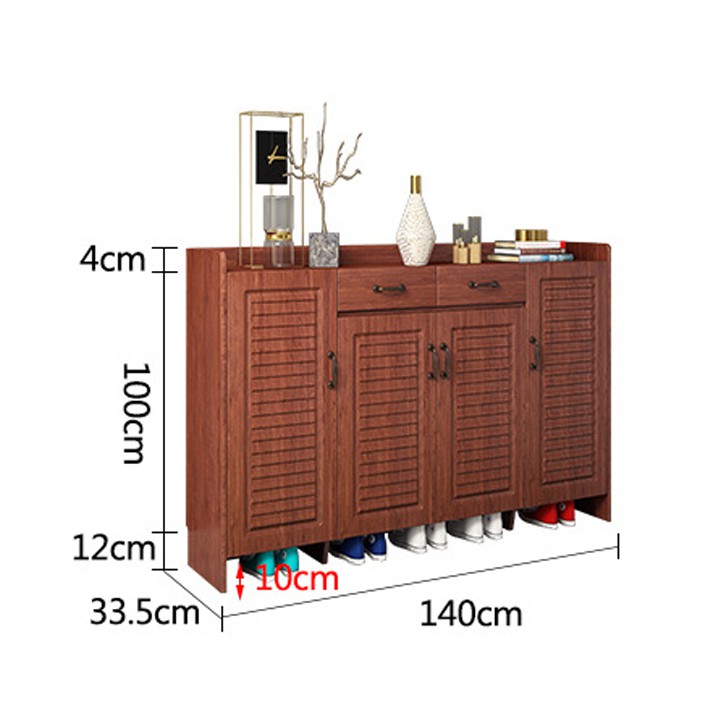 Tủ giày gỗ ép cao cấp 4 ngăn tủ, 2 ngăn kéo tiện lợi, màu vân gỗ kiểu cổ điển ( TUR021)