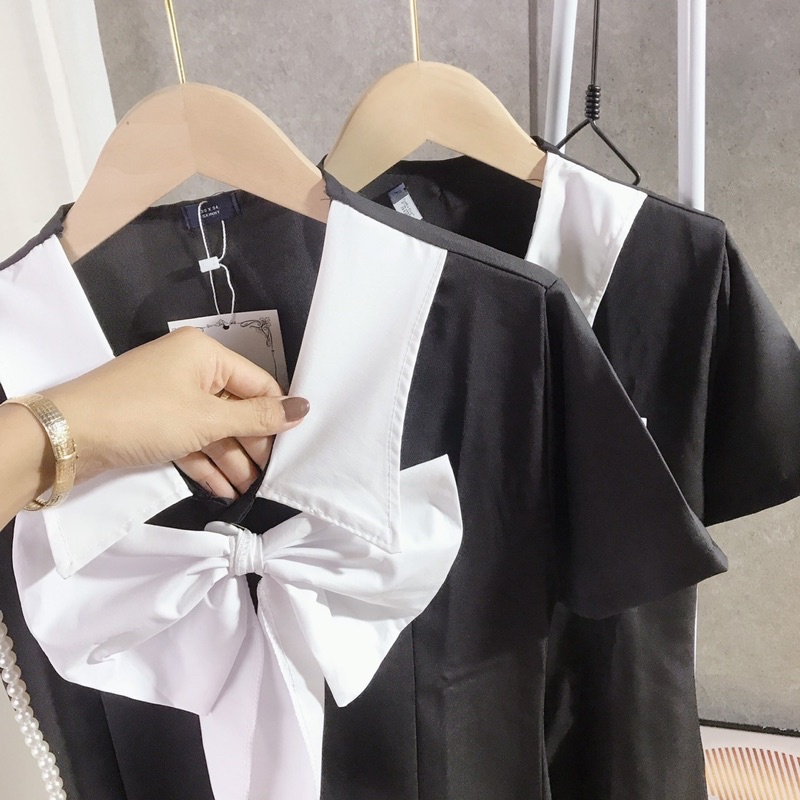 ✔ 𝗙𝗥𝗘𝗘 𝗦𝗛𝗜𝗣  Váy Đen Cổ Nơ Trắng Chất Chéo Thái Dầy Dặn Mặc Đi Đám Cưới , Ăn Tiệc Thì Hết Ý Ạ