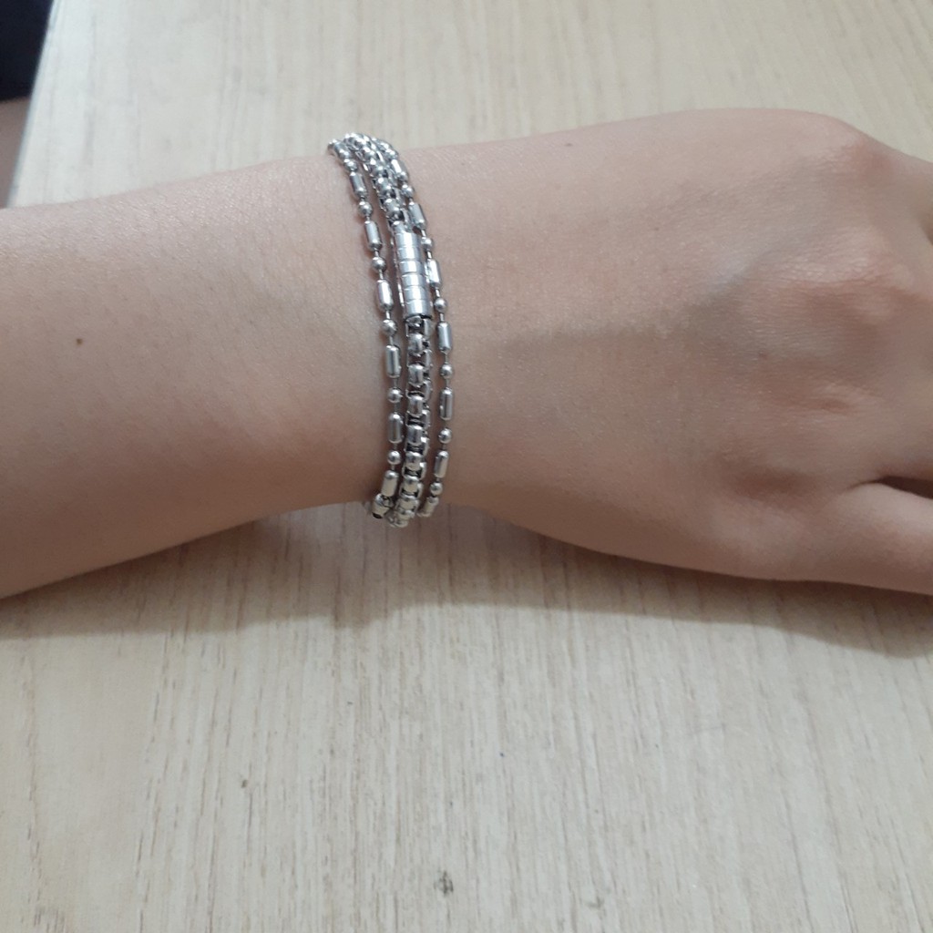 lắc tay inox cao cấp 3 tầng kiểu trúc bi kết hợp bông dừa 4 ly bọc khoanh cách điệu đẹp, không đen, chuẩn thời trang