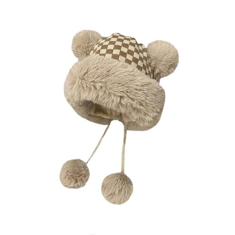 New Women Hat Winter Knitted Warm Soft Cute Pompoms Earflap Plaid Beanie Outdoor Thicken Ski Snow Cap Female Skullies