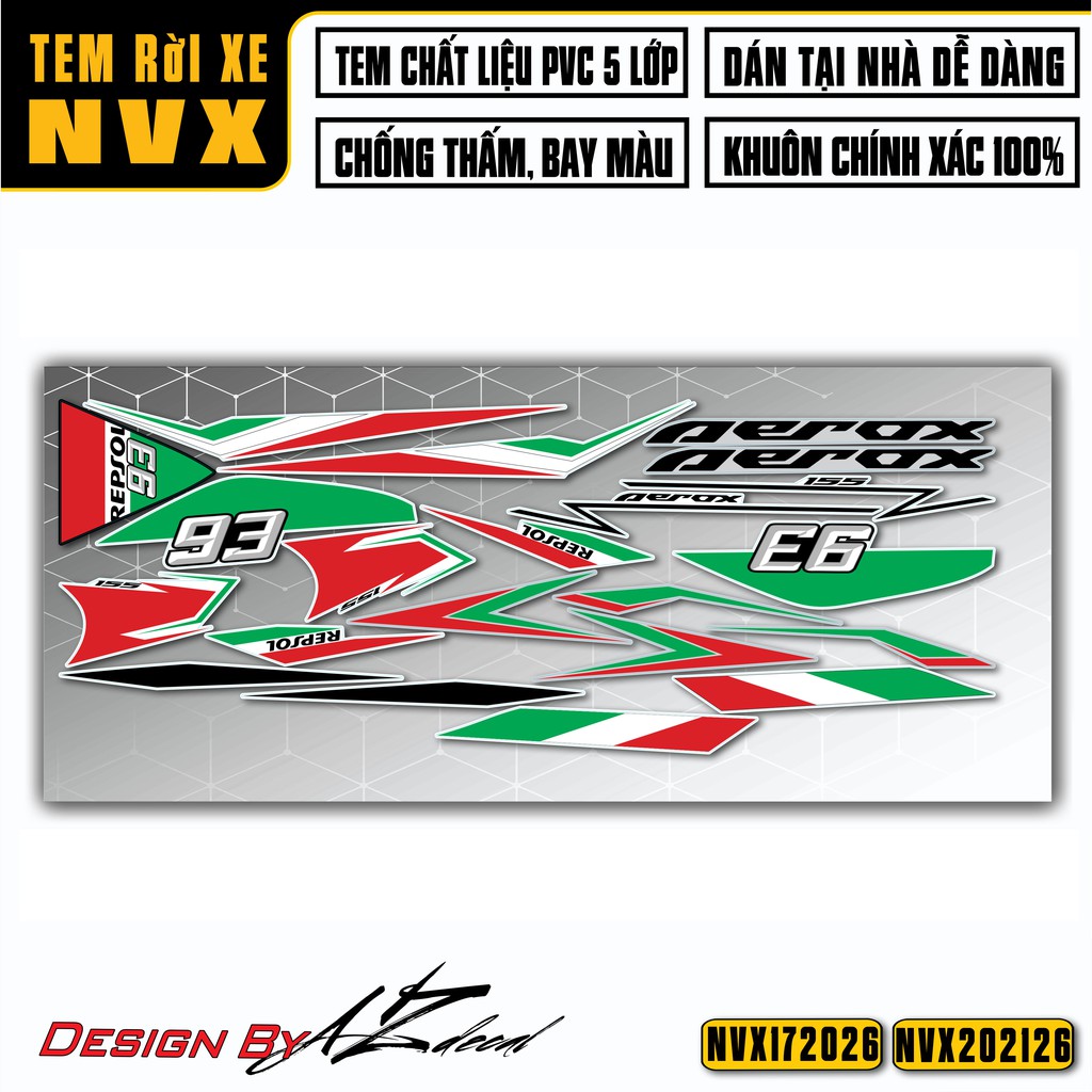 Tem Dán Xe NVX 155 Thiết Kế Aerox | NVX26 | Tem Rời Chất Liệu Decal Chống Nước, Bền Màu Cho Xe V1, V2