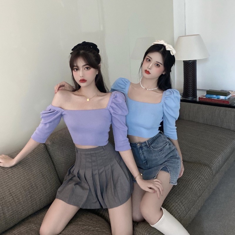 Áo Crop Top Dệt Kim Tay Lỡ Màu Trơn Xinh Xắn Phong Cách Hàn Quốc Cho Phụ Nữ