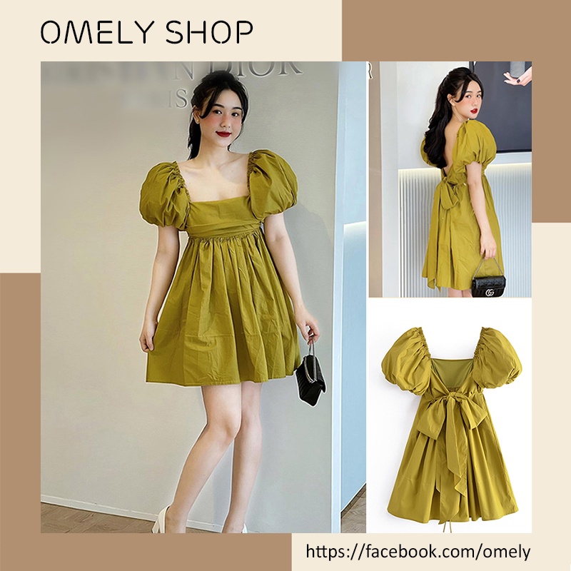 Váy babydoll xanh cốm cổ vuông, tay bồng, thắt nơ sau lưng dáng xòe hàng thiết kế sang chảnh - Omely Shop