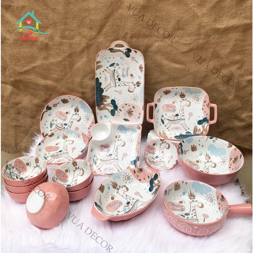 Bộ Chén Sứ Bát Ăn Cơm Bộ Bát Đĩa Decor Chén Dĩa Sứ Hươu Hồng Dễ Thương Cute Cao Cấp S98