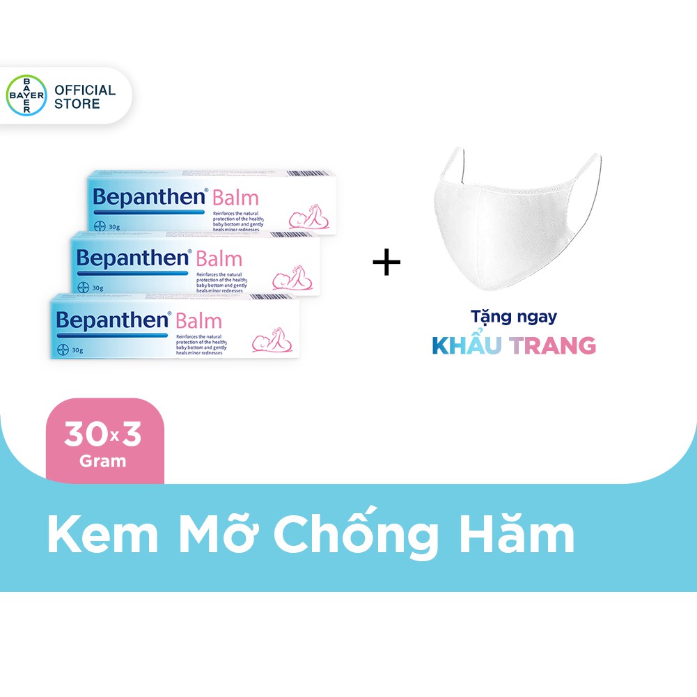 [Nhập COSBE91] Combo 3 kem chống hăm Bepanthen Balm dạng kem mỡ 30g/tuýp - Tặng 4 khẩu trang vải