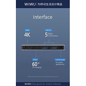 WIWU Alpha M X Pro 5 Trong 1 USB 3.0 x2 + HDMI + Giắc Cắm B Đa Chức Năng Type-C / USB-C - Hàng Chính Hãng