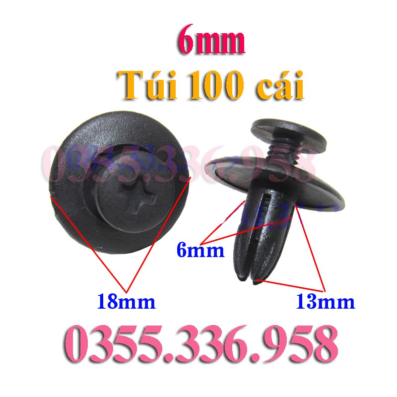 Vít chốt nở Nhựa 6mm Loại màu đen Túi 100 cái chuyên dùng có ren cho xe hơi ô tô đường kính 6mm (Sỉ lỗ)