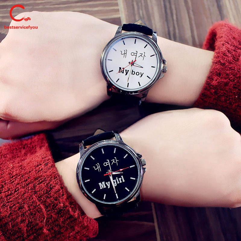 Đồng hồ đeo tay dây da Pu mặt tròn in chữ Hàn Quốc cho cặp đôi