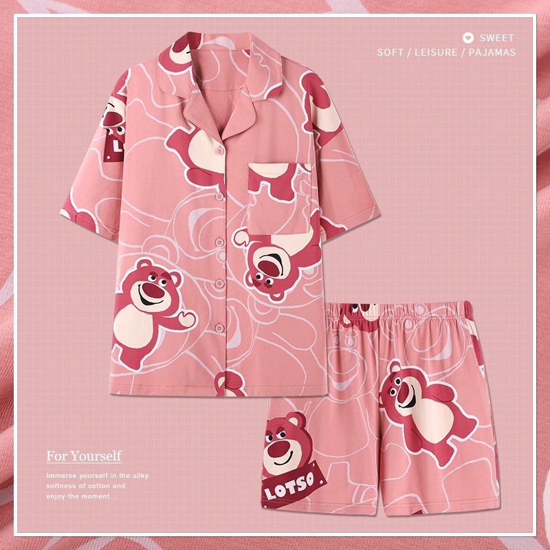 Bộ Đồ Ngủ 2 Món Vải Cotton Tay Ngắn In Hình Gấu Dâu Tây Dễ Thương Cho Nữ