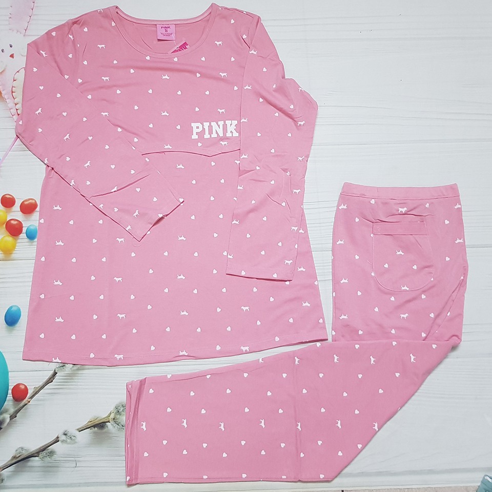 Bộ Quần Áo Bầu Và Sau Sinh Pink Cho Mẹ - Có Lật Ngực Cho Bé Bú, Quần Điều Chỉnh Chun - BTT00357