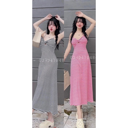 Đầm hai dây nữ xoắn ngực (có mút) form xòe dáng midi sọc ngang thun gân