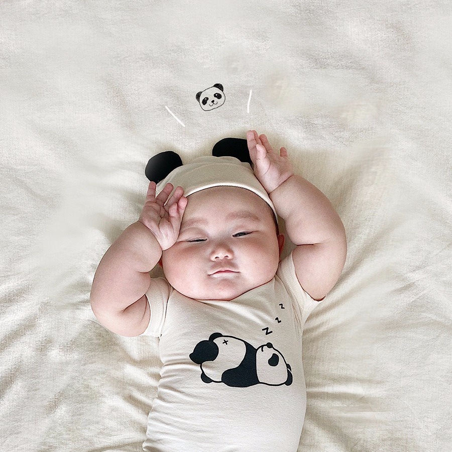 Bộ Áo Liền Quần Tay Ngắn Hoạ Tiết Gấu Trúc Có Mũ Dễ Thương Thời Trang Mùa Hè Cho Trẻ Sơ Sinh