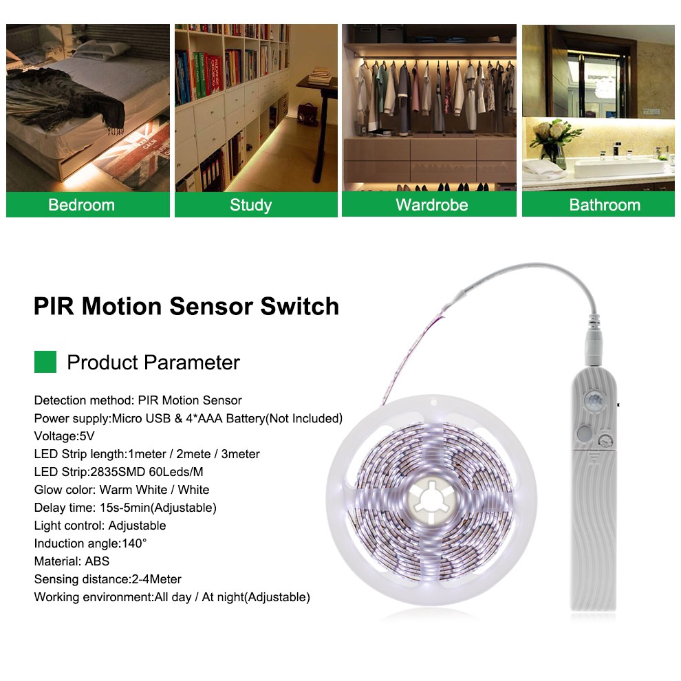 5V 2835 LED Strip with PIR Motion Sensor Switch Controller Bedroom Night Light