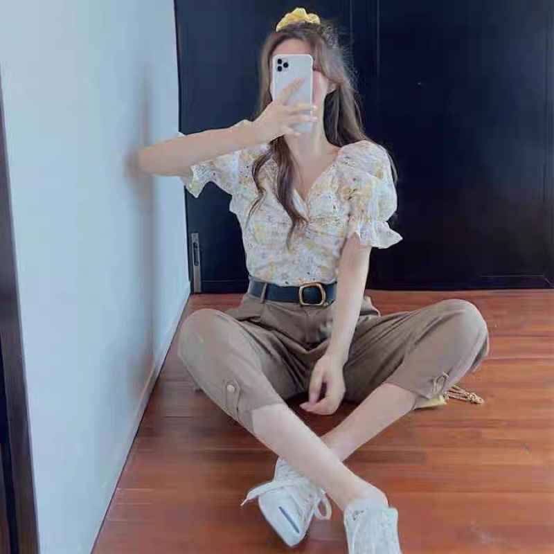 Sét áo sơ mi croptop+ quần kaki cao cấp hàng sẵn có bán lẻ