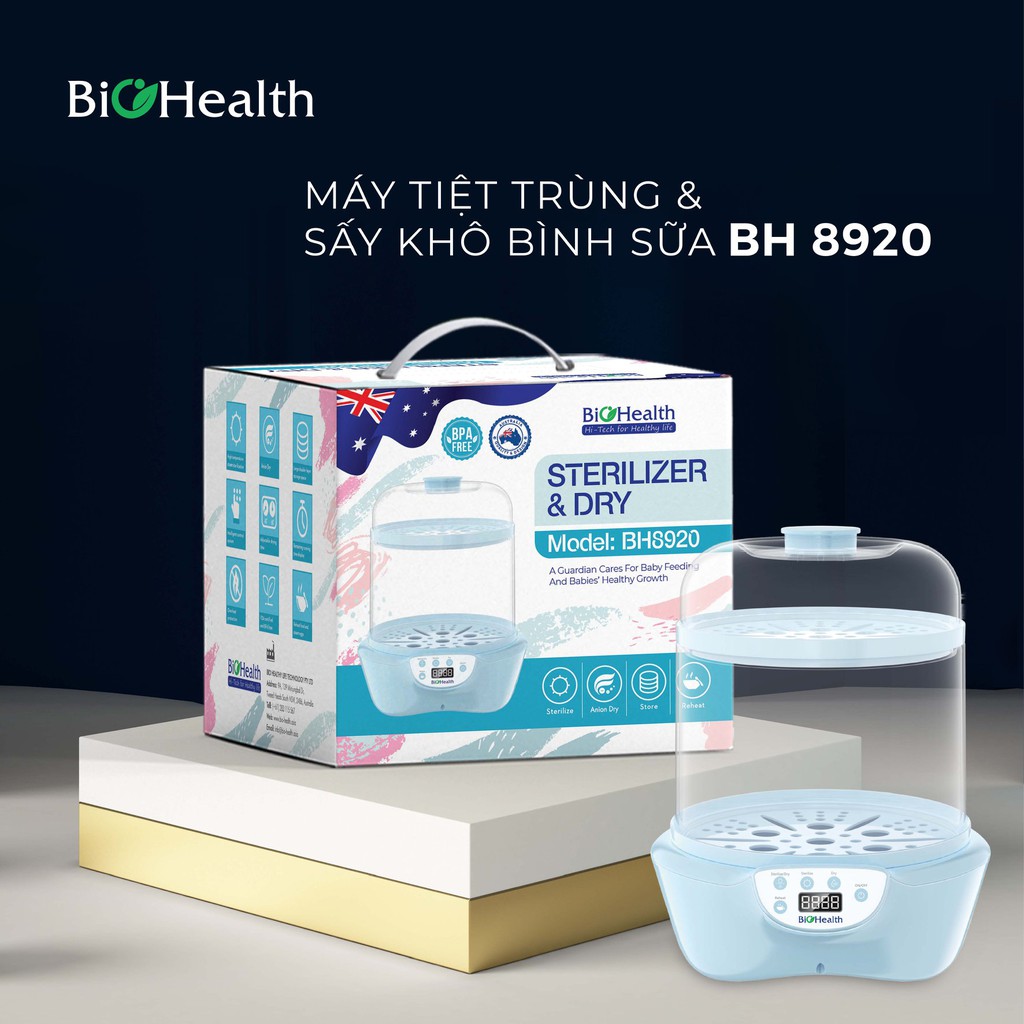 [MỚI NHẤT - CHÍNH HÃNG] Máy TIỆT TRÙNG và SẤY KHÔ bình sữa BioHealth BH8920 khử sạch vi khuẩn đến 99,99% BẢO HÀNH 1 NĂM