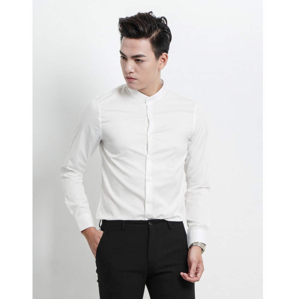 Sơ mi nam cổ tàu Màu Trắng loại đẹp dáng ôm body hàn quốc,không nhăn