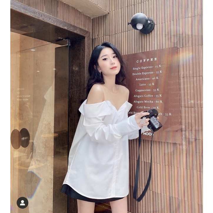 Áo sơ mi nữ điệu trễ vai Hàn quốc , Sơ mi tiểu thư Trắng Đen