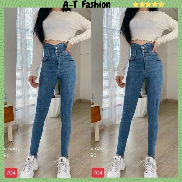 Quần Jean Nữ cạp cao ❤️FREESHIP❤️ Quần bò nữ đẹp co giãn thoải mái phối lưng kiểu xinh xắn thời trang A-T Fashion-QJN704