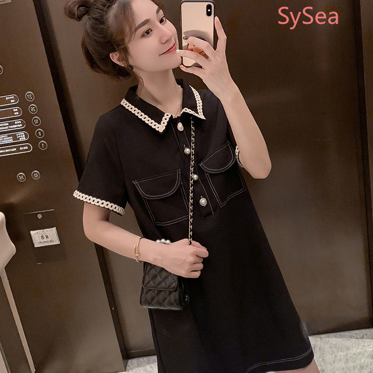 Đầm midi ngắn tay phối nút ngọc trai thời trang mùa hè cho nữ