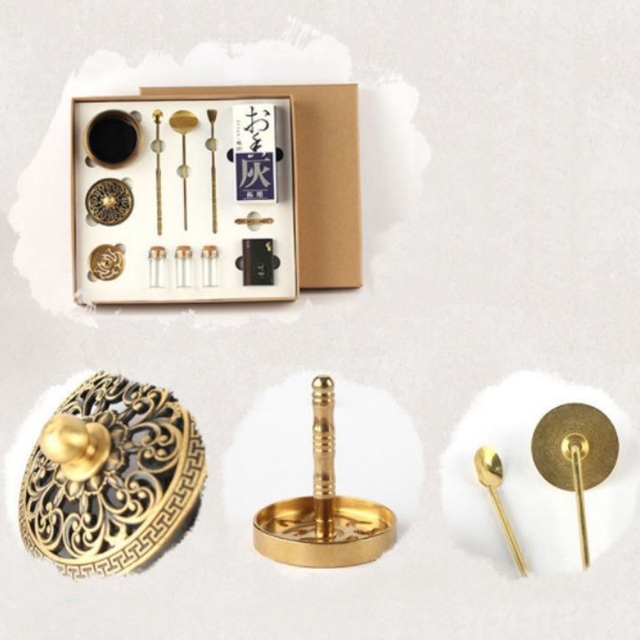 Bộ dụng cụ đốt trầm khuôn tạo trầm bột bằng đồng dùng cho lư đồng xông trầm đồ thờ cúng