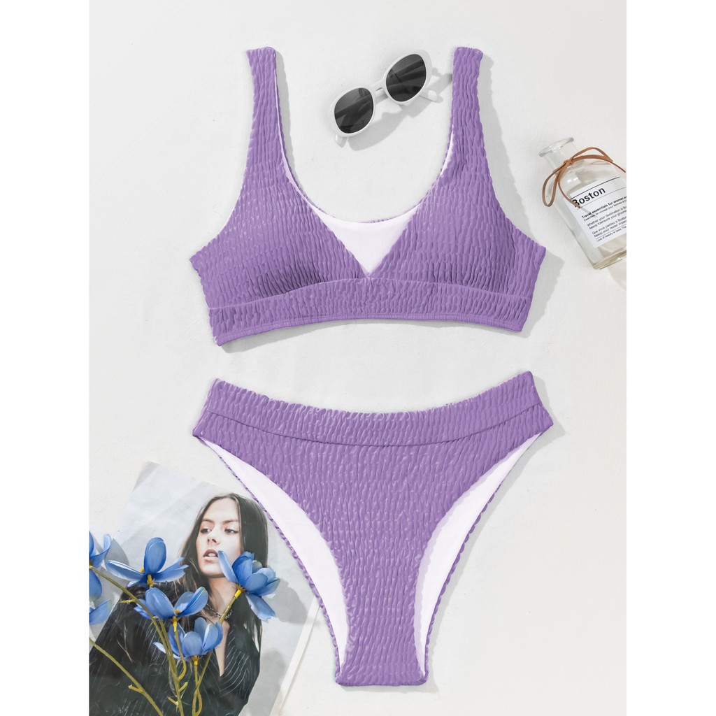 Bikini kiểu xếp ly cổ chữ V màu trơn cho nữ Zms35 | BigBuy360 - bigbuy360.vn