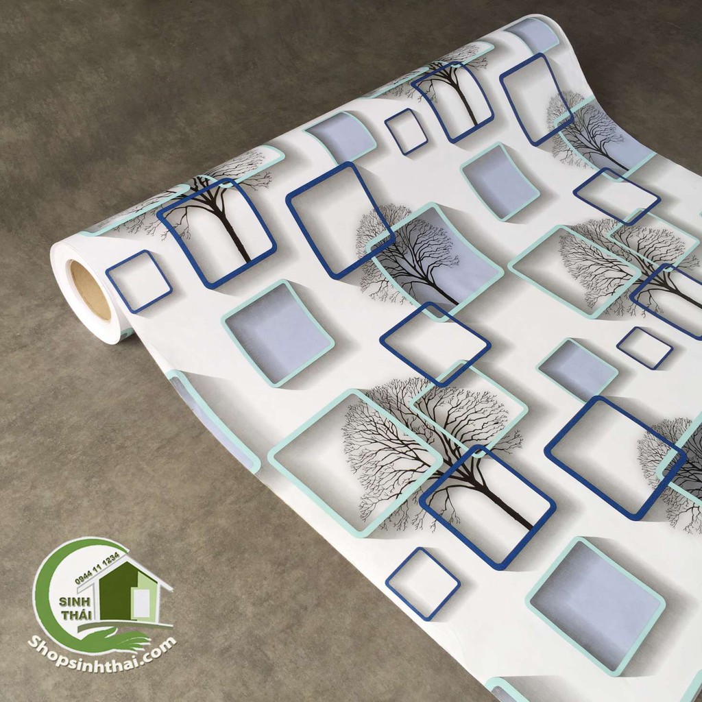 Giấy dán tường 3d nhiều ô vuông xám có cây khô -  - có sẵn keo