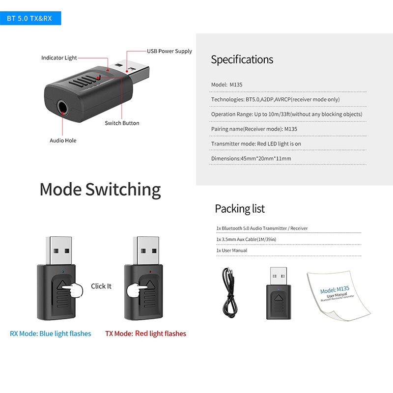 Đầu chuyển đổi thu phát âm thanh Bluetooth không dây 5.0 USB 4 trong 1 cho máy tính TV Audio