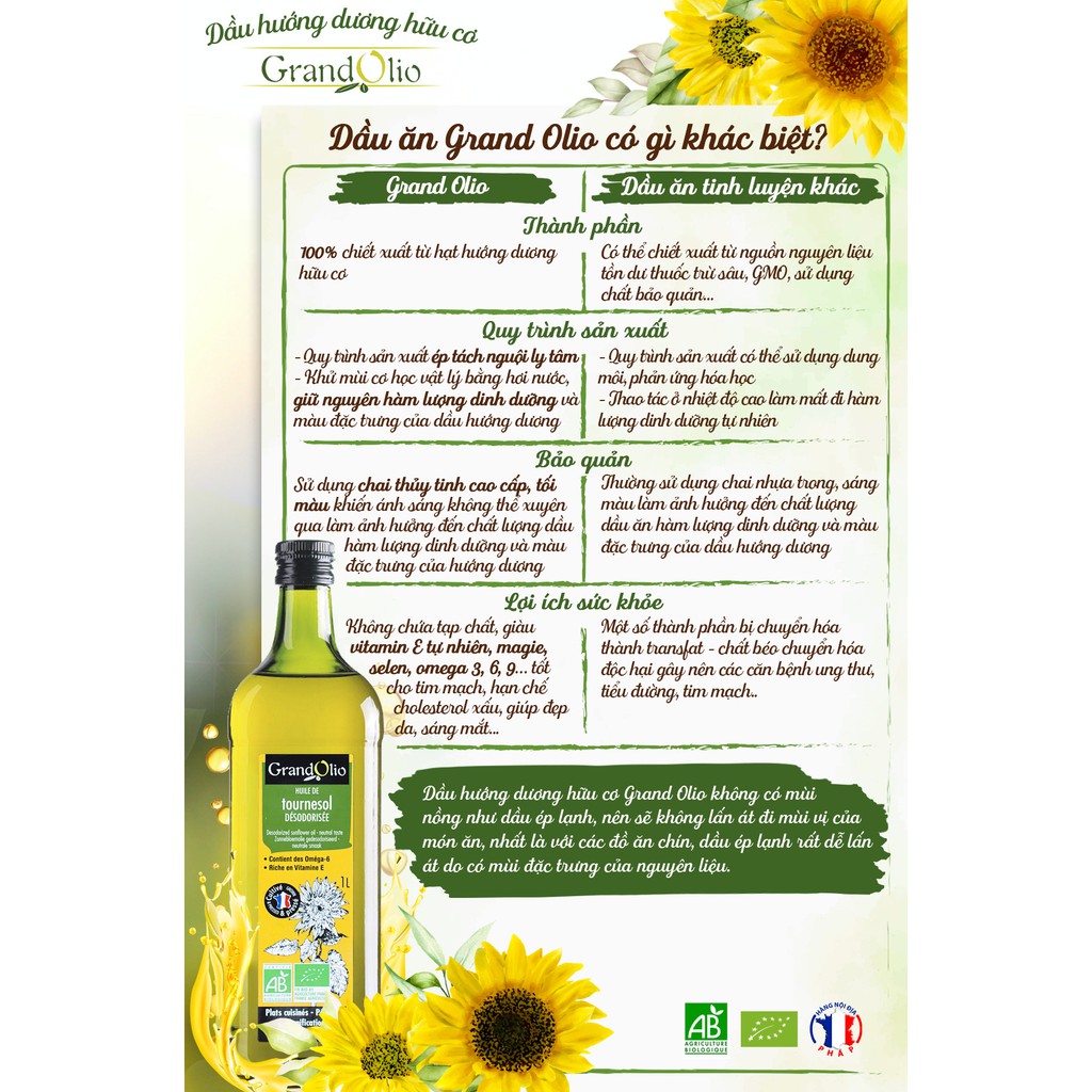 Dầu ăn hướng dương hữu cơ Grand Olio 1L - Organic Sunflower Oil