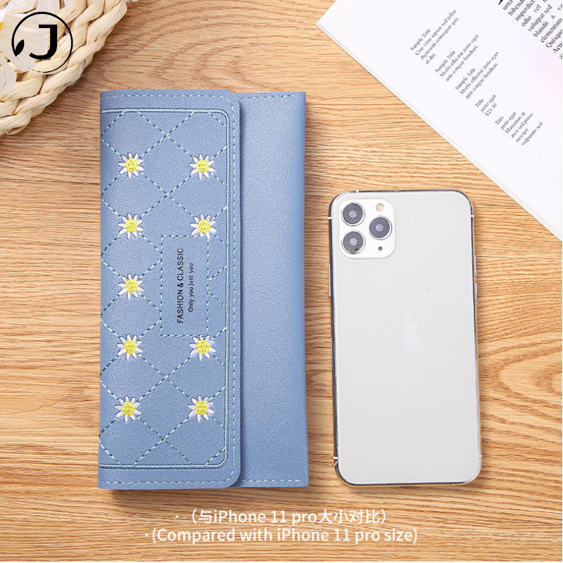 Women Long Wallet Fold Handheld Cheap Pretty Leather Multiple Compartments Heart Embroidery Zip Phone Purse