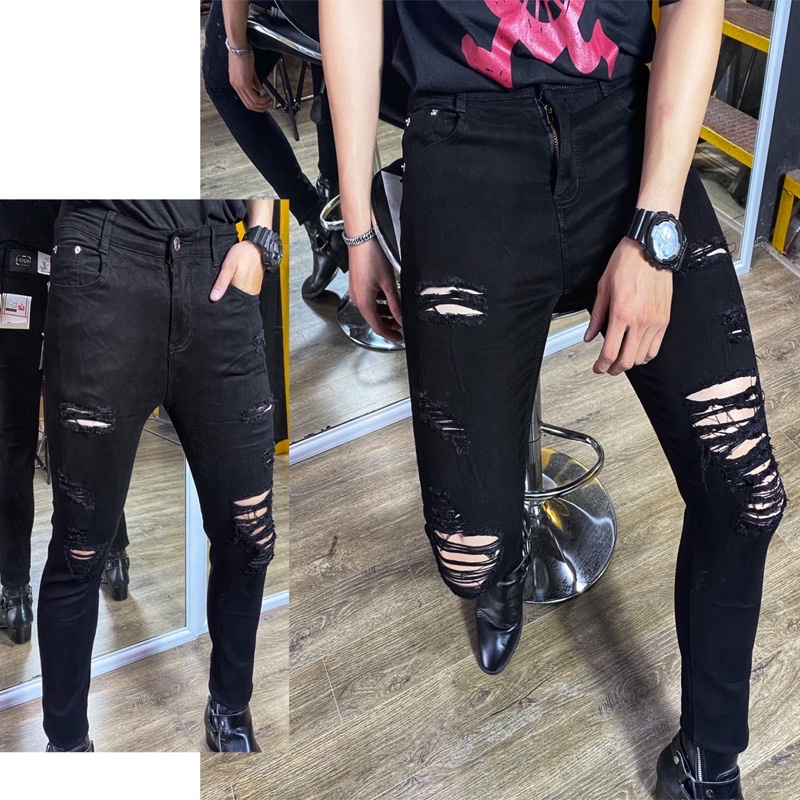 Mẫu destroy jeans đen rách gối/đùi