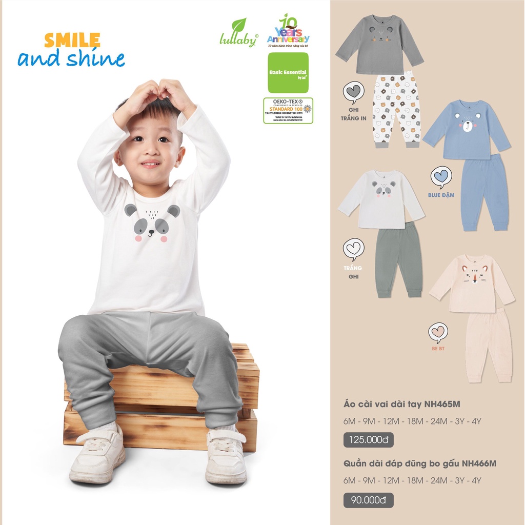 Bộ dài tay thu đông Lullaby chất bambo hoạ tiết gấu Nh465M cho bé (3y 4y không có cúc vai)