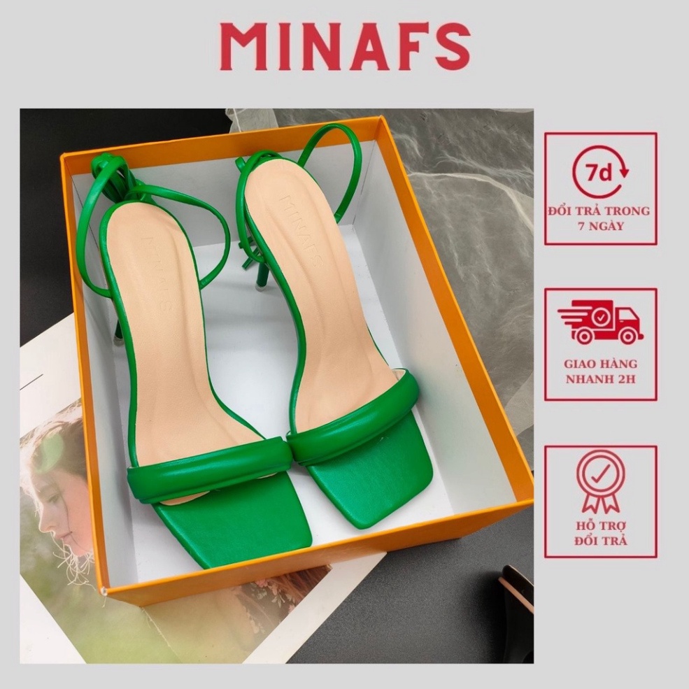 Giày Chiến Binh Nữ MINAFS Guốc Đan Quai Ngang Phồng,Sandal Dây Cột Gót Nhọn 9cm Da Bóng Xăng Đan Cao Gót Buộc Dây Mảnh -