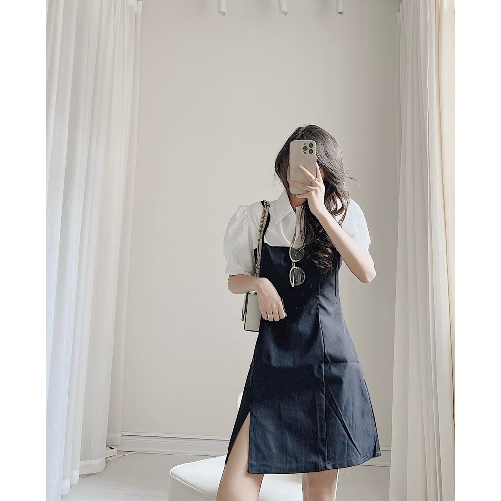 Váy sơ mi trắng phối 2 dây đen by Samhyewear