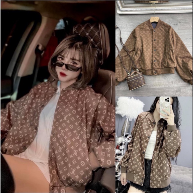 [RẺ VÔ ĐỊCH] Áo khoác bomber màu nâu Luôn Vui Tươi in kín HARIQUEEN