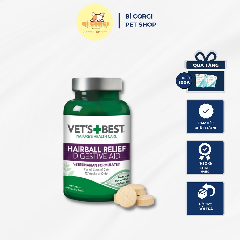 (BÁN LẺ 1 VIÊN) Viên Nhai Hổ Trợ Tiêu Búi Lông Cho Mèo 60 Viên - Vet's Best HAIRBALL RELIEF DIGESTIVE AID Nhập Khẩu USA