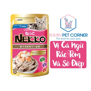 Pate cho Mèo Nekko Jelly vị Cá Ngừ rắc Tôm và Sò Điệp gói 70g