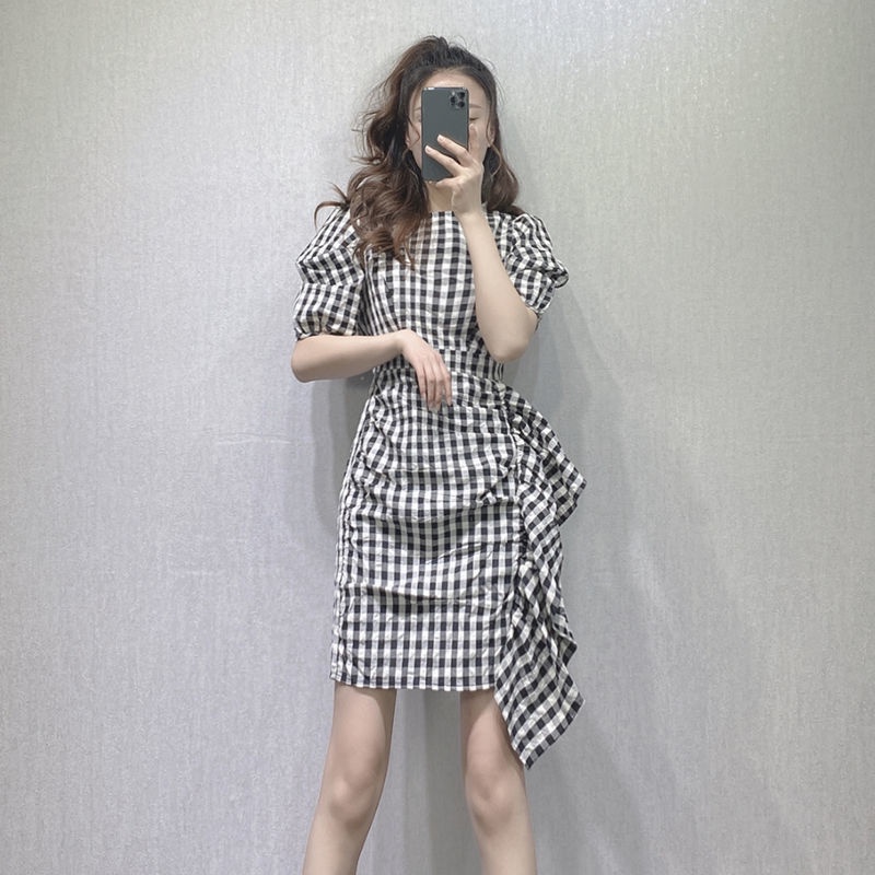 Đầm tay phồng ngắn họa tiết sọc caro phong cách Châu Âu thời trang mùa hè dành cho bạn nữ 2021