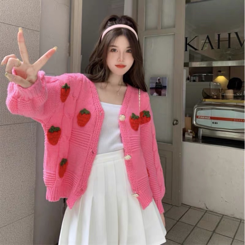 Áo khoác len dài tay dày dặn hình dâu tây hàng loại 1 chuẩn Quảng Châu