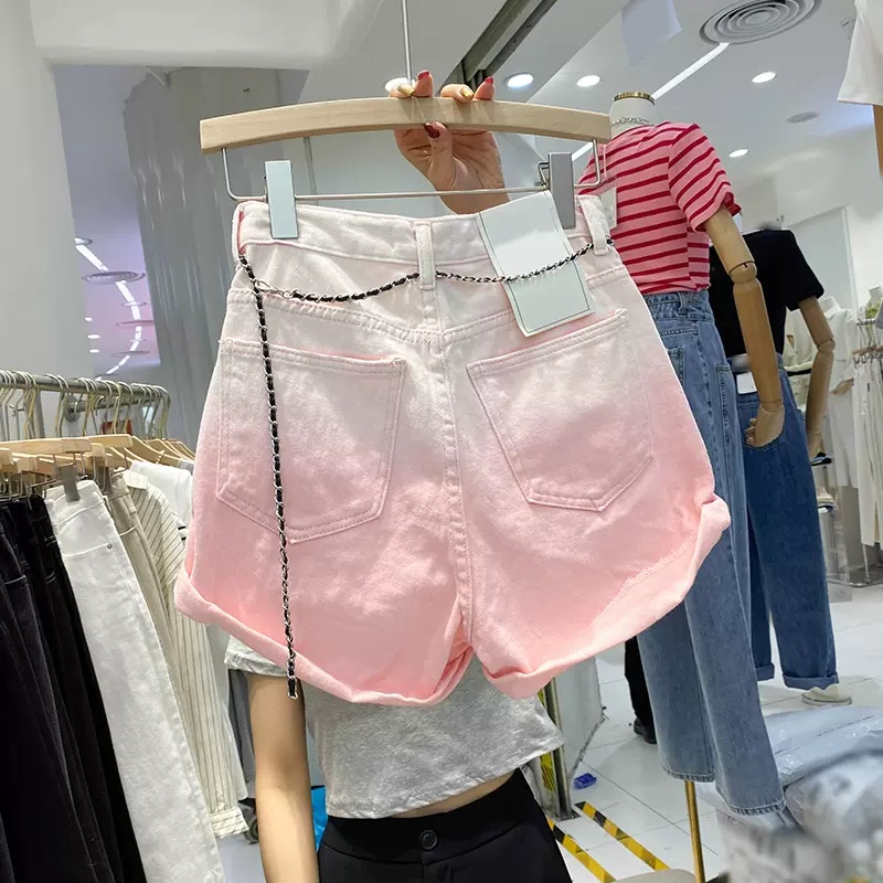 Quần short jeans ZHELIHANGFEI ống rộng lưng cao màu gradient thời trang mùa hè phong cách hong kong cho nữ