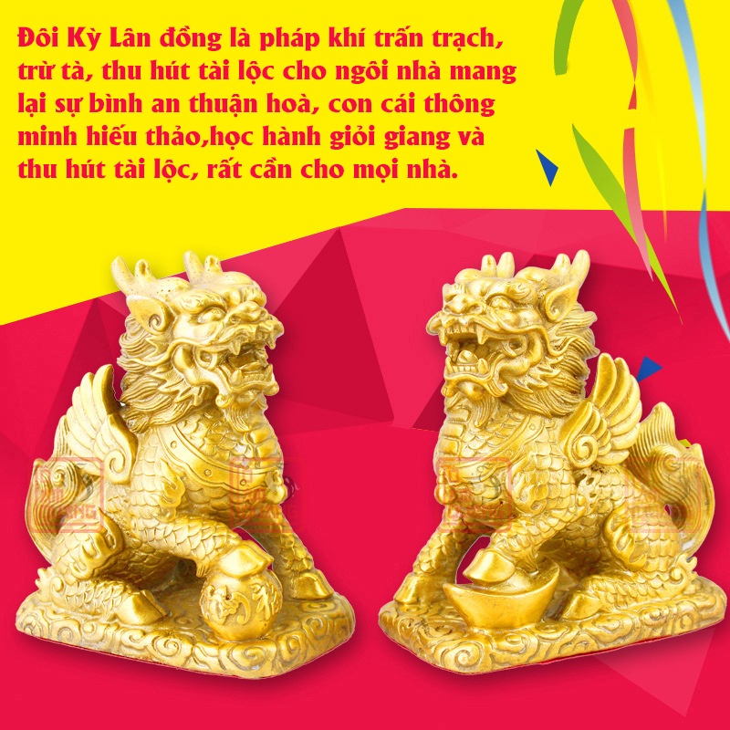 Cặp Kỳ Lân đồng nguyên chất phong thủy cao 12.5cm trang trí bàn thờ, bàn làm việc, nhà cửa - Tài lộc - Hóa giải vận hạn