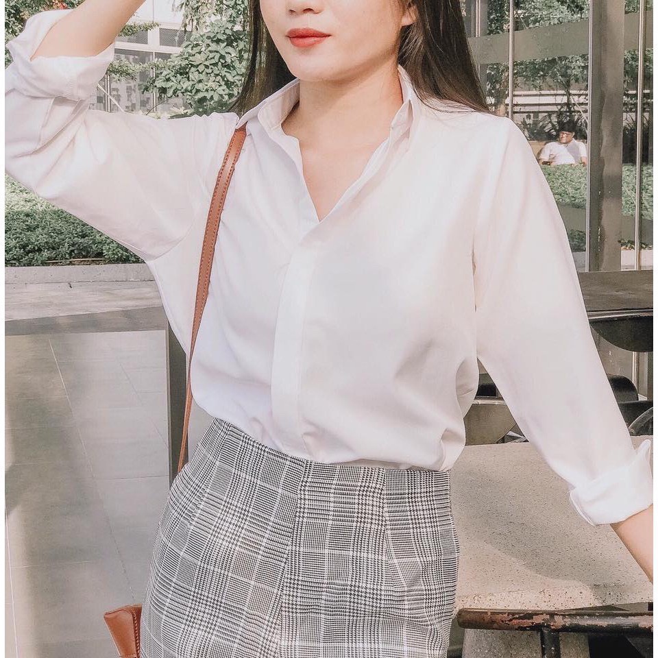 Sơ Mi nữ U.Ni trắng tinh Dài tay basic cơ bản dáng suông
